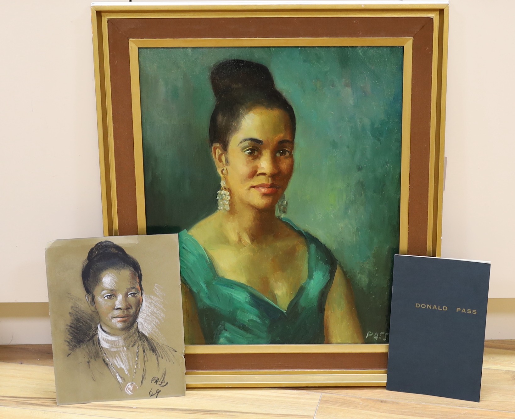 Donald Pass (b.1930), oil on canvas, Portrait of Cherie Hewson, signed, 60 x 50cm with an Exhibition catalogue and a related charcoal sketch